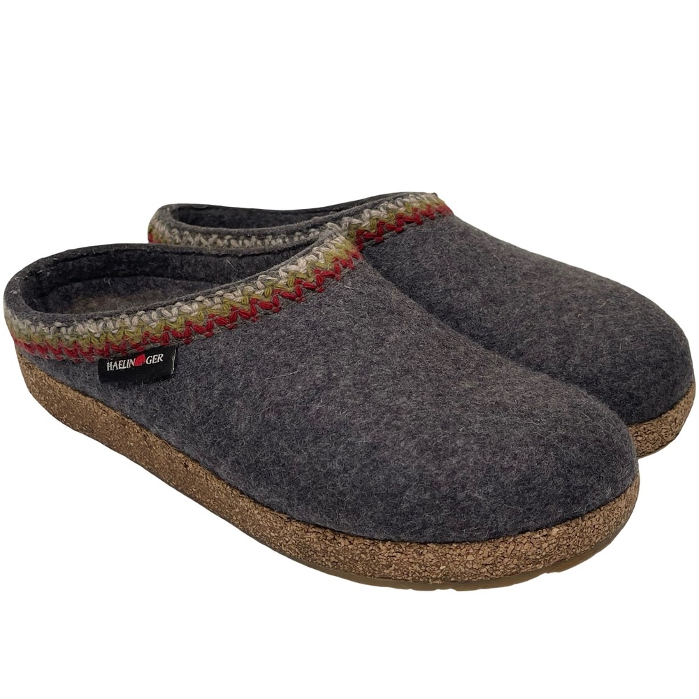 Haflinger Grizzly Clog Slippers Unisex 41 Gray Wool Cork Trimmed Slip On Shoes
